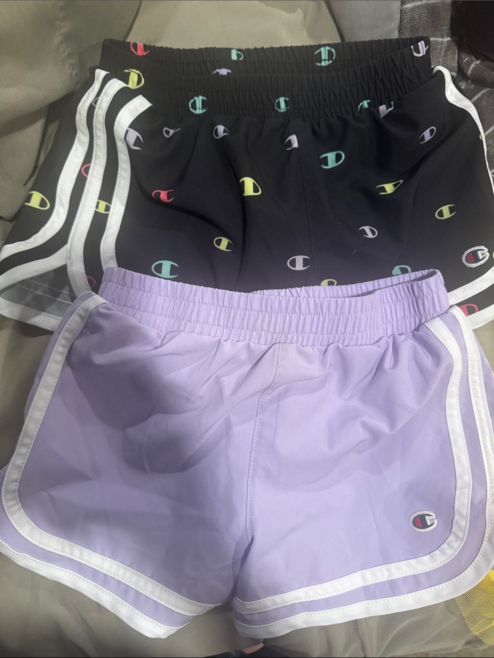 Champion girls xs 5/6 shorts purple and black and colorful